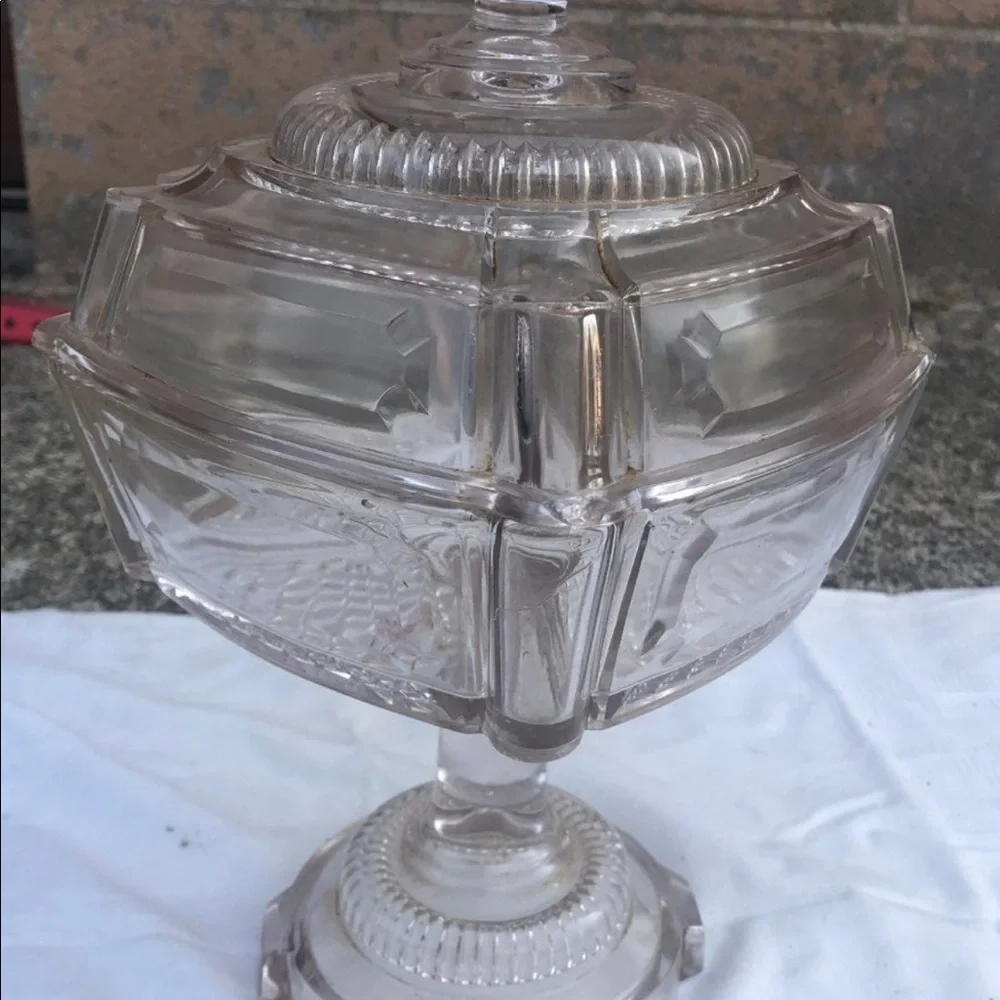 Antique Adams and Co Etched Square Glass Compote with Lid